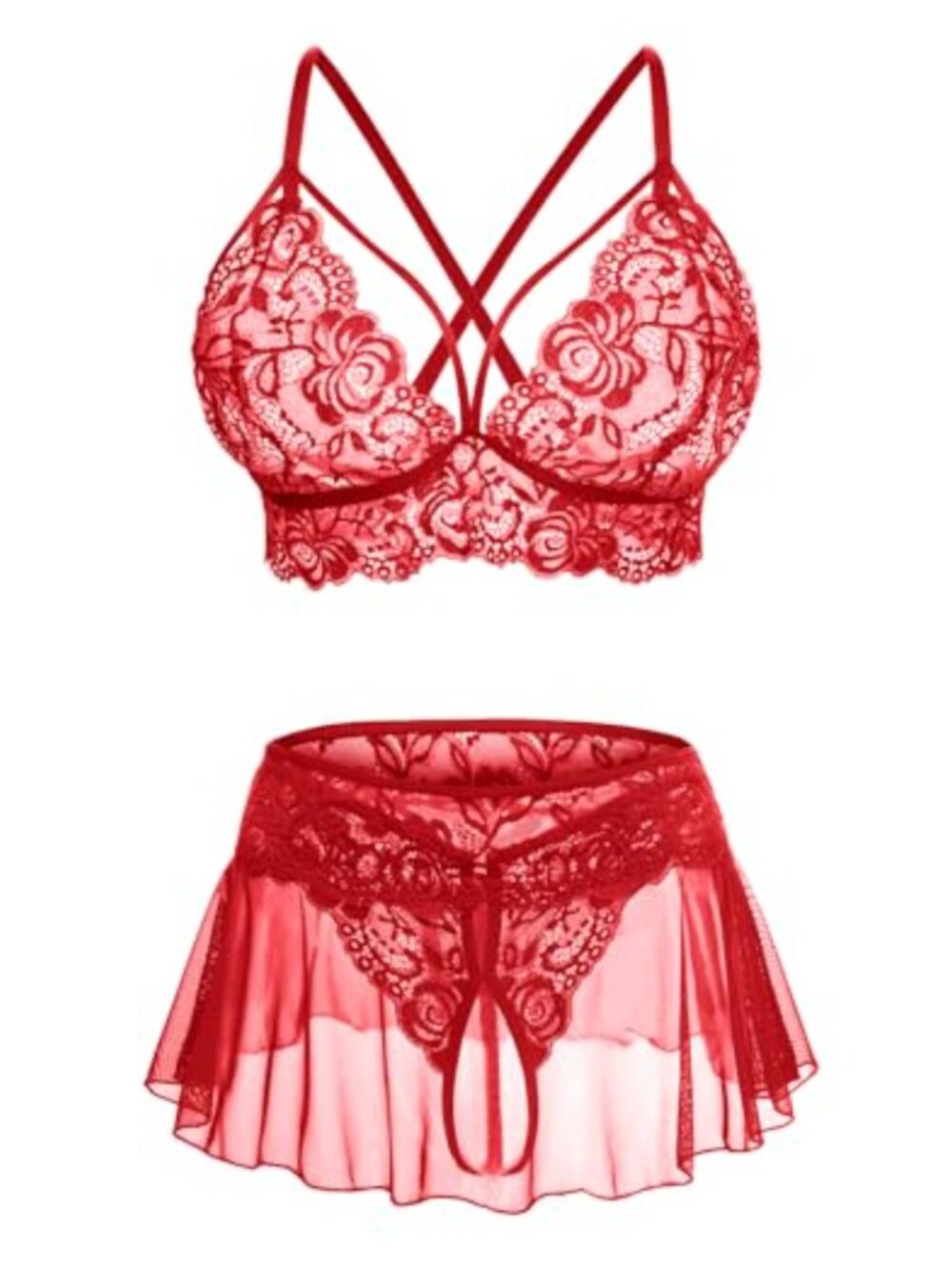 Lace Bralette Mini Skirt G-String Set Sexy Lingerie 3 Piece